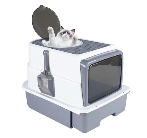 Truevaste Katzenklo, XXL Katzentoilette mit Schublade, PP Katzenklo mit 2 Eingänge, Katzenklo Schaufel, Fellpflege-Ring und Geruchsentferner-Beutel, Ideal für Kleine und Mittelgroße Katzen, Grau von Truevaste