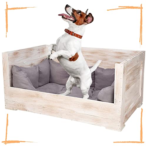 Truhenking Tolles Hundebett aus Holz mit skandinavischem Flair, Holzkiste inklusive grauem Stoffbett - NEU - 90x57x45cm von Truhenking