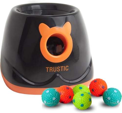 Trustic Automatischer Ballwerfer für Hunde, Schwarz, Cartoon, Wasserfest, Klein, Erwachsene Hunde, Indoor/Outdoor, 2.1 kg, 6 Bälle, 2,3-9 m, AC/Batterie, Leckerli-Ausgabe von Trustic