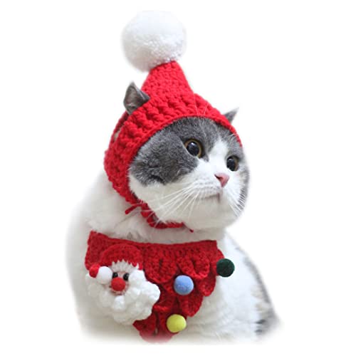 Haustier Santa Schal und Hut Sets mit Ohrlöchern Stricken Weihnachten Cosplay Zubehör für Katze Weihnachten Party Dekoration Rot S von Tsangbaby