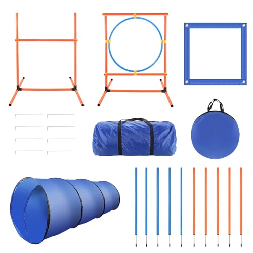 Agility Set Hunde, Agility Ausrüstungs Set für Hunde für Springen Übung umfasst einstellbare hohe Hürde, Hundetunnel, Springring, Geflochtene Stangen, Pause Box und Tragetasche, Haustier Outdoor-Spiel von Tseipoaoi