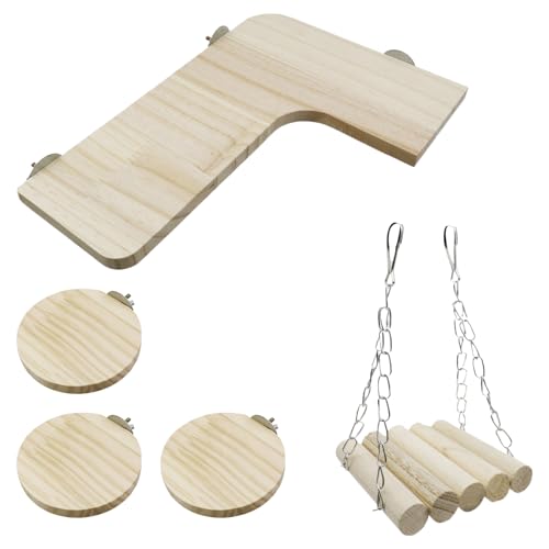 Tsnamay 1 Set L-förmige Pedal-Holzplattform für Kleintiere, natürliches Holz, 3 runde Plattformen mit Schaukel, Kleintierspielzeug für DIY-Lebensraum von Tsnamay