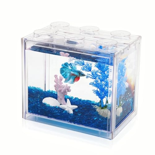 Kleines Betta-Fischtank, Mini-Fischtank-Set mit blauem Kies und Harzdekorationen, stapelbares Fischglas, kleines Desktop-Aquarium für Meeresaffe Garnelen von Tsxurepaw