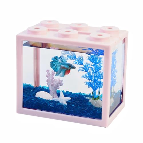 Kleines Betta-Fischtank, Mini-Fischtank-Set mit blauem Kies und Harzdekorationen, stapelbares Fischglas, kleines Desktop-Aquarium für Meeresaffe Garnelen von Tsxurepaw