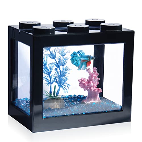 Tsxurepaw Kleines Betta-Fischtank, stapelbares Mini-Fischtank, Aquarium-Set, rechteckiges Fischglas mit Aquarium-Kies, Dekoration, Würfel-Tank für Algenbälle, Meeresaffen von Tsxurepaw