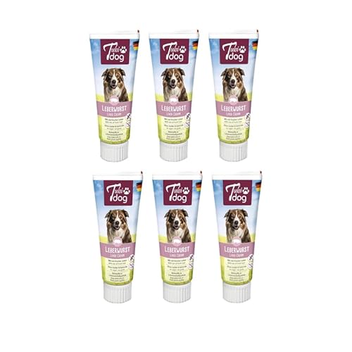 Tubi dog Delikatess Leberwurst aus der Tube für Hunde | 6er Pack | 6 x 75 g | Praktische Soft-Touch-Tube | Zuckerfreie fettreduzierte Snackpaste ohne Konservierungsstoffe von Tubi dog