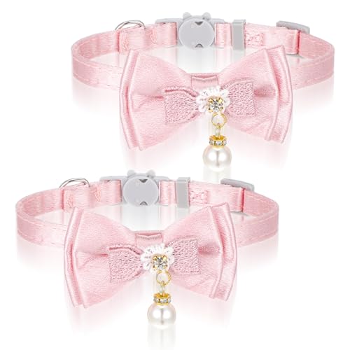 Tucnoeu 2PCS Halsband Katze mit Fliege und Perlen, Verstellbare Katzen Halsbänder Weiches und Langlebiges Cat Collar für Kleine Haustiere (Pink, 20-30cm) von Tucnoeu