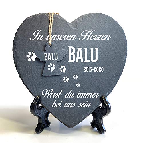 Individueller Personalisiert Groß Herzform und Engel Tiergrabstein Schiefer Gedenkstein + Ständer für Hund, Katze und andere Haustiere Tiere - Größe | 25 x 25 cm | - Pfotenabdruck von TULLUN