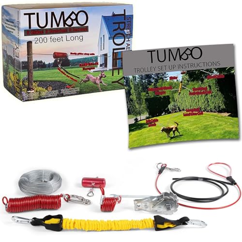 Tumbo Trolley 61 m Hundesystem – solider Schieber mit Dehnspiral-Kabel mit Anti-Shock Bungee (sicherer und weniger Verhedderungen) für Hunde von Tumbo