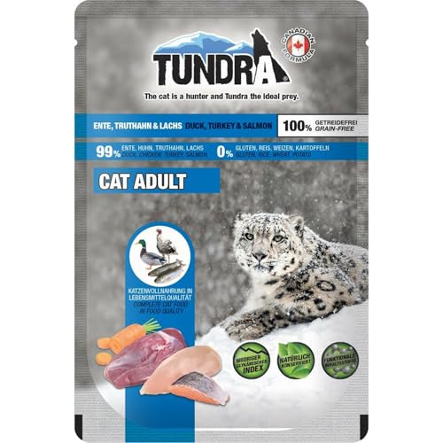 Tundra Katzenfutter Ente, Truthahn & Lachs, Nassfutter, Pouchbeutel 16 x 85 g von Tundra