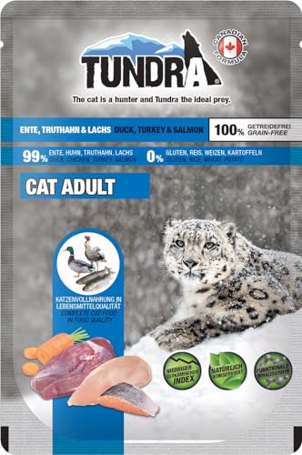 Tundra Katzenfutter Ente, Truthahn & Lachs, Nassfutter, Pouchbeutel 16 x 85 g von Tundra