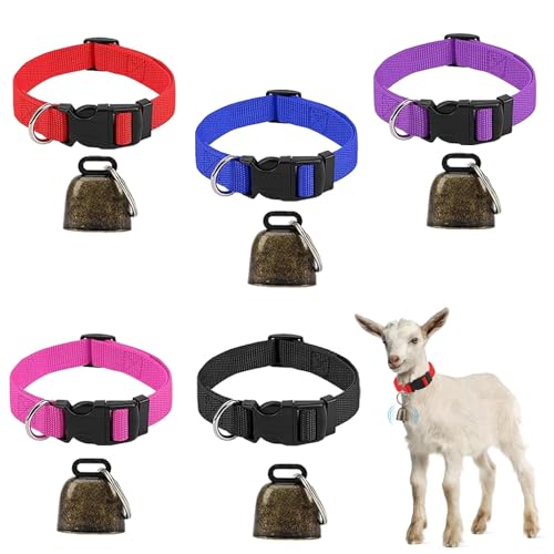 5 Stück Ziegen Halsbänder, Ziegenhalsband mit Glocke, Schafhalsbänder mit Glocke Verstellbare Nylon Schaf Halsbänder für Kleine Nutztiere Ziege Schaf mit Anti-Verlust-Halsband von Tundwhite