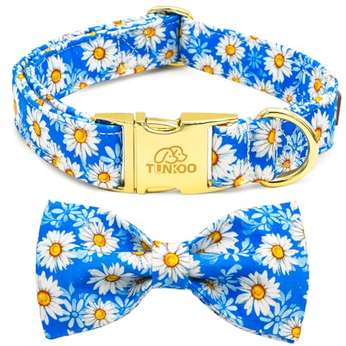 Tunkoo Blue Daisy Hundehalsband mit niedlicher Blumen-Fliege, verstellbares Halsband aus Premium-Baumwolle, langlebige Metallschnalle für kleine, mittelgroße und große Jungen, Mädchen, Hunde, Größe L von Tunkoo