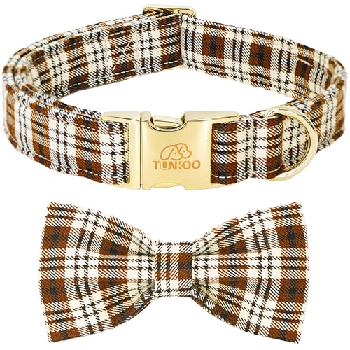 Tunkoo Herbst Hundehalsband mit Fliege, Kaffee-Karomuster, Welpenhalsband, Herbst, klein, mittel, groß, verstellbar, für Mädchen, Jungen, Hunde, Größe S von Tunkoo