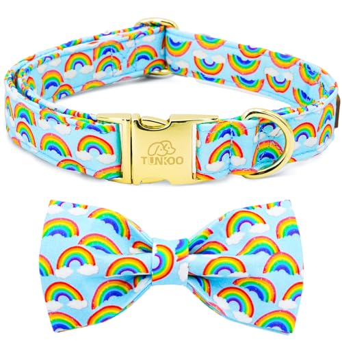 Tunkoo Pride Hundehalsband mit Regenbogen-Fliege für LGBTQ, Metallschnalle, Haustierhalsband, verstellbares Baumwollhalsband für kleine, mittelgroße und große Jungen, Mädchen, Hunde, L von Tunkoo