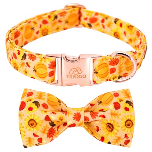 Tunkoo Sunflower Hundehalsband mit eleganter Fliege - Verstellbares Orange Welpenhalsband Blumenmuster Stilvoll und charmant Herbst Haustier Zubehör in mehreren Größen, L von Tunkoo