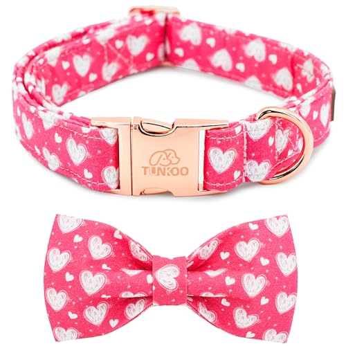 Tunkoo Valentinstag Rosa Hundehalsband mit niedlicher Fliege und Herzdruck-Design, Premium-Metallschnalle, verstellbar für kleine, mittelgroße und große Jungen oder Mädchen, Größe L von Tunkoo