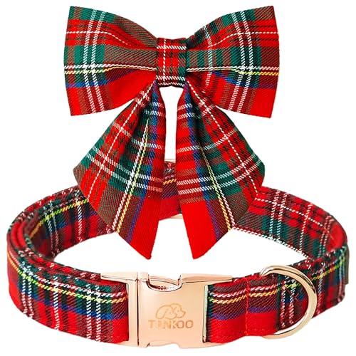 Tunkoo Weihnachts-Hundehalsband mit hübscher Fliege, kariert, verstellbar, erhältlich in S, M, L, Geschenk für Mädchen, Jungen, Hund, Größe S von Tunkoo