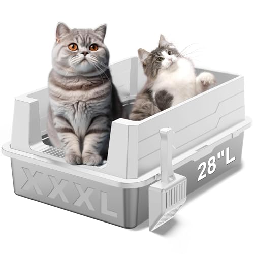 XXXL Edelstahl-Katzentoilette, extra groß, 71,1 x 50,8 cm (L x B), Metall-Klo für große Katzen und mehrere Katzen, mit hoher Seite, Anti-Urinleckage, antihaftbeschichtet, einfache Reinigung, inklusive von Tunpug