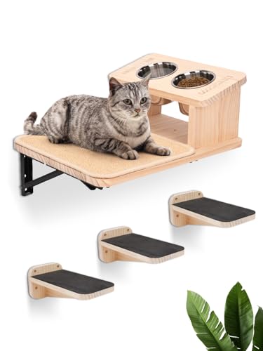 Katzenwandregale Katzenhängematte mit 3 Stufen Katzen Futternäpfe Station, Katzenregale und Sitzstangen für Wand, Katzenwandmöbel Set, Katzenkletterregale Katzenkratzbaum von Turosur