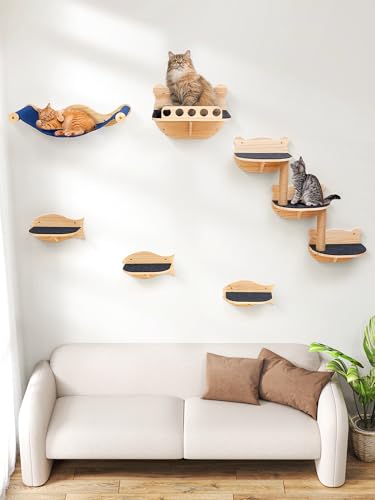 Katzenwandregale Möbelset Katzenregale für Wand für große erwachsene Katzen Kätzchen Wandmontage Katzenwandstufen Regal Sitzstangen Kletterer mit Hängematte Sitzstangen Sisal Kratzbaum von Turosur