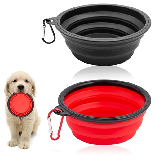 Faltbarer Wassernapf für Hunde, Reisen, 2 Stück, tragbar, für Reisen, Haustierfutter, Trinknapf mit Metallhaken für kleine Haustiere, Hunde, Katzen (rot + schwarz) von TuseRxln