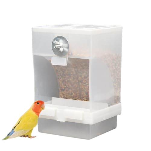 Tuxxjzm No Mess Automatischer Vogelfutterspender – Acryl-Sittichfutterspender mit Sitzstange – Käfigzubehör, Ansicht für kleine und mittelgroße Lovebirds, Sittiche, Nymphensittiche, Eichhörnchen von Tuxxjzm