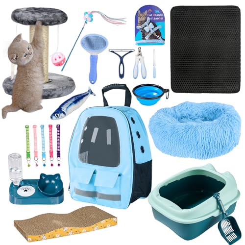 Tuykay Kitten Supplies Starter-Set, Katzen-Starter-Set für Indoor-Katzen, Katzenutensilien und Katzenutensilien inklusive Katzentoilette, blauer Haustier-Rucksack, blaues Katzenbett und mehr, perfekt von Tuykay