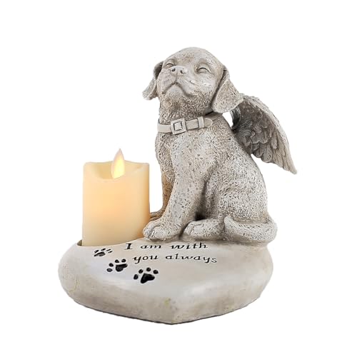 Tuzsocr Grabschmuck für Hund, Hunde Engel Gedenkstatue für Grabstein, Gedenk Geschenke für Hunde mit LED-Teelichter, Harz Grabmarkierer Friedhof Dekor für Hund, Wetterfeste, für Garten,Grabsteine,18cm von Tuzsocr