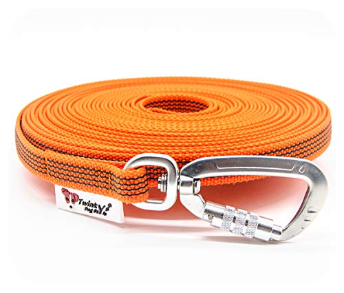 Twinkys Dog Style Schleppleine gummiert mit Sicherheitskarabiner 15 mm breit für Hunde bis 50 kg - OHNE Handschlaufe 40 Meter Orange Made in Germany von Twinkys