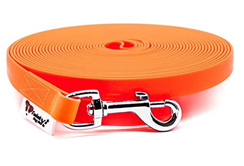 Twinkys Dog Style Salzwasser beständiger Edelstahl Karabiner Hundeleine Schleppleine Wasserabweisend 13 mm breit für Hunde MIT Handschlaufe Neon Orange 10 Meter Made IN Germany von Twinkys