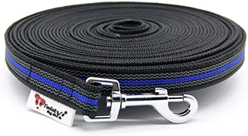 Twinkys Dog Style Schleppleine Hundeleine gummiert 20 mm breit für Hunde bis 50 kg mit Salzwasser beständigem Edelstahl Karabiner - OHNE Handschlaufe 15 Meter, Schwarz Blau Made in Germany von Twinkys