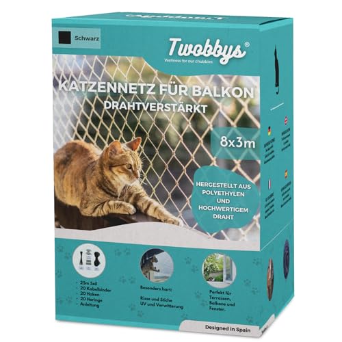 Twobbys® Katzennetz Drahtverstärkt | 8x3m | Katzennetz für Balkon | Schwarz | Befestigungsset Inklusive | Katzenschutz Fenster | Katzennetz für Balkon mit Sangen von Twobbys