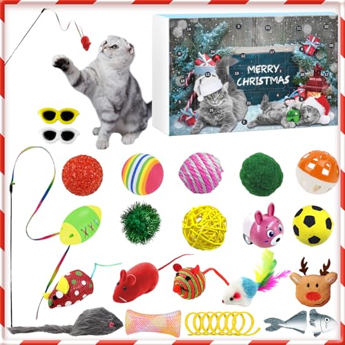 Tyafzzn Katzen Adventskalender 2024, Adventskalender für Katzenspielzeug, 24Pcs Interaktives Kätzchenspielzeug Katzenhalsbänder Sortimente Katze Federstab, Katzenminze Fisch, Mäuse, Bälle und Glocken von Tyafzzn