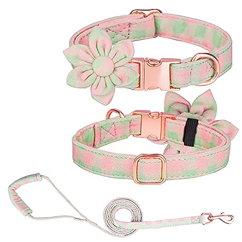 Tybiky Hundehalsband mit Schleife, Fliege Hundehalsband mit Verstellbare Halsbänder mit Softy Fliege Hundeseil (1.5m), Geschenk für kleine mittelgroße Groß und Katzen, L, Gitter Grün Rosa von Tybiky