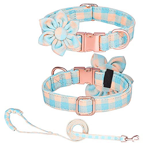 Tybiky Hundehalsband mit Schleife, Fliege Hundehalsband mit Verstellbare Halsbänder mit Softy Fliege Hundeseil (1.5m), Geschenk für kleine mittelgroße Groß und Katzen, L, Gitter Orange-blau von Tybiky