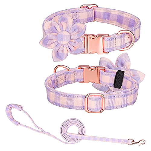 Tybiky Hundehalsband mit Schleife, Fliege Hundehalsband mit Verstellbare Halsbänder mit Softy Fliege Hundeseil (1.5m), Geschenk für kleine mittelgroße Groß und Katzen, S, Gitter Lila-Rosa von Tybiky