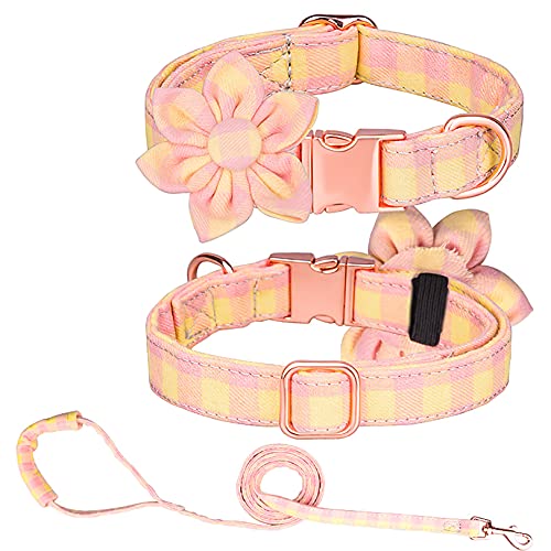 Tybiky Hundehalsband mit Schleife, Süße Hundehalsbänder Geeignet Geschenk für Kleine/Mittelgroße/Große Hunde und Katzen, Bequemes Verstellbares Halsband mit Hundeleinen, M, Gitter Gelb Rosa von Tybiky