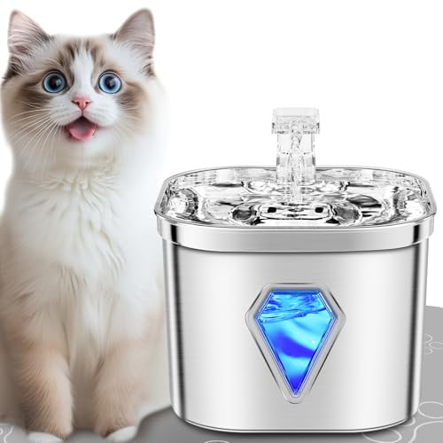 Tyonto Edelstahl katzenbrunnen trinkbrunnen mit LED-Licht, 2.5L, Ultra-Leise, wasserspender Fountain USB-Aufladung, wasserbrunnen und Aktivkohle, 5-stufige Filtration, für cat Katzen und Hunde,Katze von Tyonto