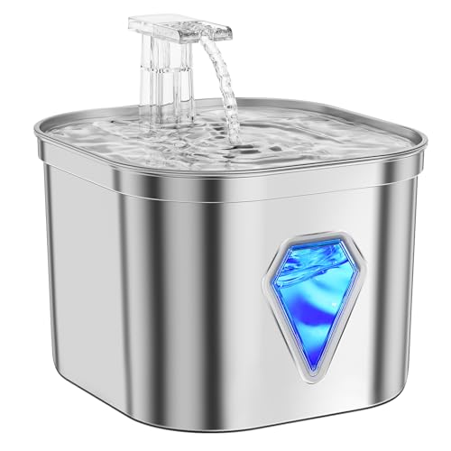 Tyonto Edelstahl katzenbrunnen trinkbrunnen mit LED-Licht,2.5L,Ultra-Leise,wasserspender fountain USB-Stromversorgung wasserbrunnen und Aktivkohle, 5-stufige Filtration, für cat Katzen und Hunde,katze von Tyonto