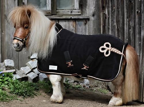 Zaraa Abschwitzdecke Paradedecke mit Kragen Anti Pilling Fleece Schwarz Silber- oder Goldfarben, Rosegold Minishetty Shetty Welsh Pony 70 80 90 100 110 (Schwarz/Rosegold-Goldfarben, 80) von Tysons Breeches