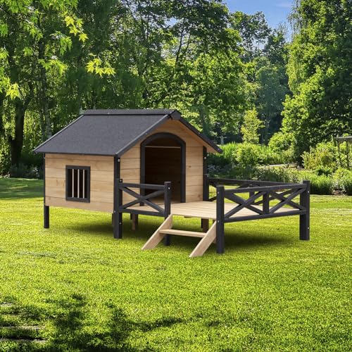 Tzou Outdoor Holzhütte Haus Stil Holz Hundehütte mit Veranda Outdoor Hundehütte Wetterfest Hundehütte für mittelgroße/kleine Hunde Braun von Tzou