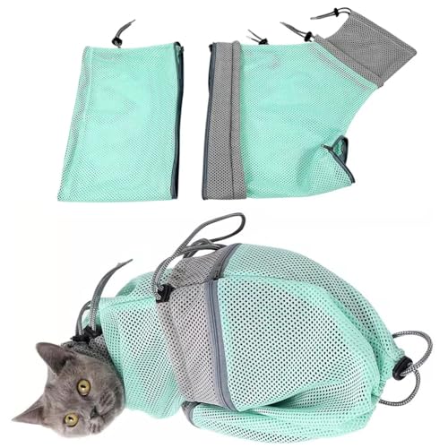 UCK-KIT Grün,Katze Dusche/Pflege Mesh Tasche, Einstellbare Multifunktionale Anti-Bite Badenetz Tasche, Katze Atmungsaktive Duschbeutel für Nagel Trimmen, Medizin Nehmen, Injektion von UCK-KIT