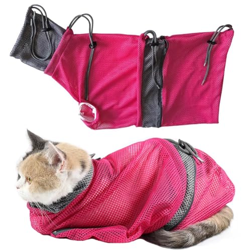 UCK-KIT Rot,Katze Dusche/Pflege Mesh Tasche, Einstellbare Multifunktionale Anti-Bite Badenetz Tasche, Katze Atmungsaktive Duschbeutel für Nagel Trimmen, Medizin Nehmen, Injektion von UCK-KIT