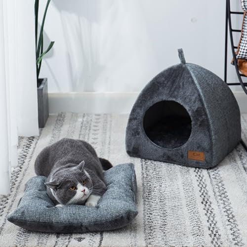 UCSUSA Katzenbett für Indoor-Katzen, selbstwärmendes Plüsch-Haustierbett, dreieckiges Katzenhaus mit waschbarem Kissen für drinnen und draußen, weiches Plüschbett, beruhigendes Bett von UCSUSA