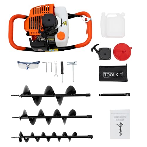 UESUENYENS 52CC 2-Takt Benzin-Erdlochbohrer, Zaunpfosten, Erdlochbohrer, Bagger, Handheld, 3 Bohrer Durchmesser mit 100, 150, 200mm und 1 Extns, Sicherheitsausrüstung, Pfostenwaage und Verlängerung von UESUENYENS