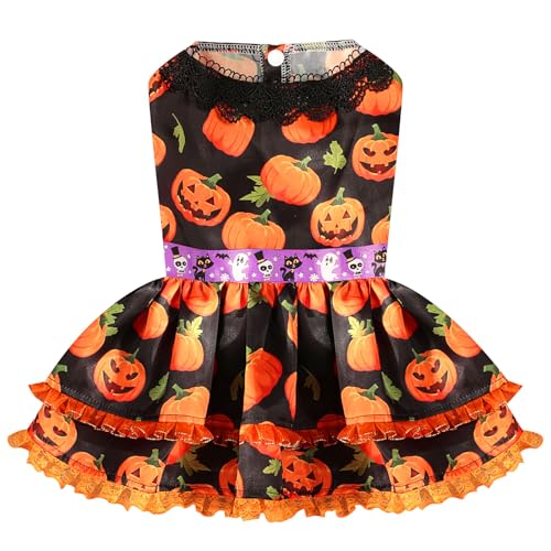 UETZLTB Halloween-Hundekleid, niedliches Kürbis-Hundekostüm für kleine Hunde, Mädchen, ausgefallenes ärmelloses Rüschen-Welpenkleid für Katzen, Haustierkostüm, Kleidung, Chihuahua, Yorkie-Outfit für von UETZLTB