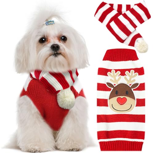 UETZLTB Weihnachtspullover und Schal für Hunde, weich, warm, Herbst, Winter, Rollkragen, gestrickt, Welpenkleidung, niedlich gestreiftes Rentier, Hunde-Sweatshirts, Weste, hässlicher Weihnachtsschal, von UETZLTB