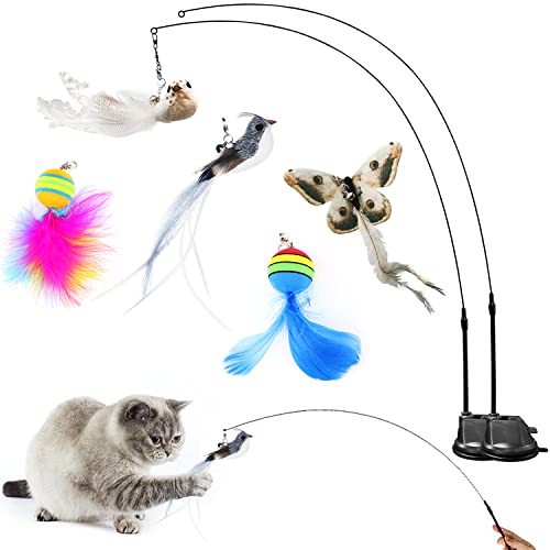 Interaktives Katzenspielzeug Intelligenz Katzen Spielzeug Katzenangel Stabil mit Federn Simucatstick Kätzchen Zauberstab Spielzeug Fliegender Vogel Cat Toys Mit Saugnapf für Kleine Große katzen (B) von UGBO