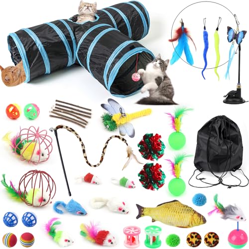 Interaktives Katzenspielzeug Set Faltbarer Katzentunnel Angel Spielzeug 3 Wege Spieltunnel für Katze Kaninchen 39 STK katzenangel Saugnapf Katzen Rund Tunnel Cat Toys Zubehör Katzenbeschäftigung von UGBO